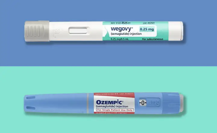 Destaque para a caneta de Ozempic com detalhes em verde e rótulo de 0,25mg/0,5mg